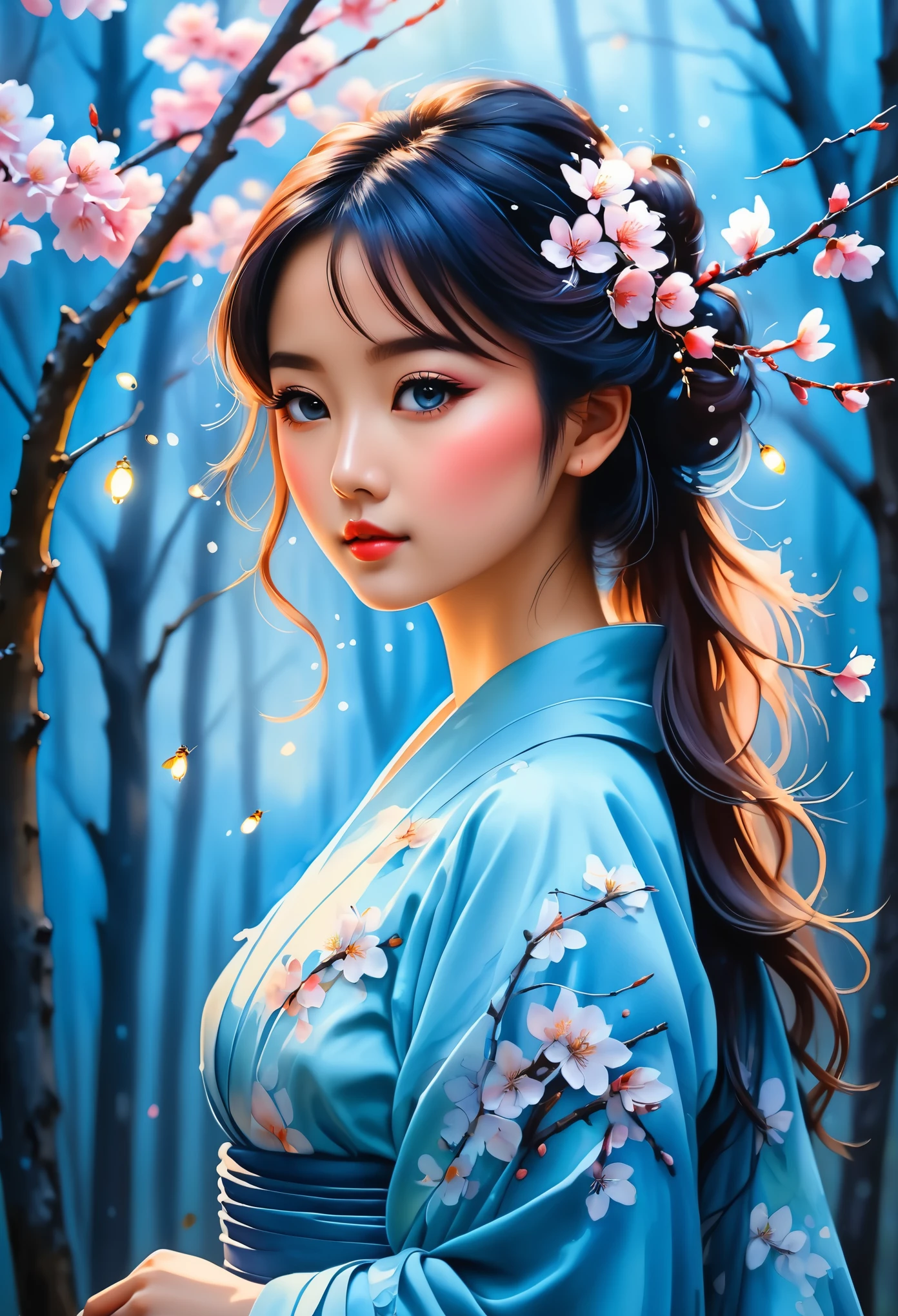 watercolor painting,pastel blue silhouette,japanese beautiful girl,adorned vibrant hues,captivating contours,cherry blossom forest background,fireflies,(best quality,4k,8k,highres,masterpiece:1.2),ultra-detailed,(realistic,photorealistic,photo-realistic:1.37),watercolor style,vibrant colors,soft brushstrokes,subtle washes,delicate details,natural light