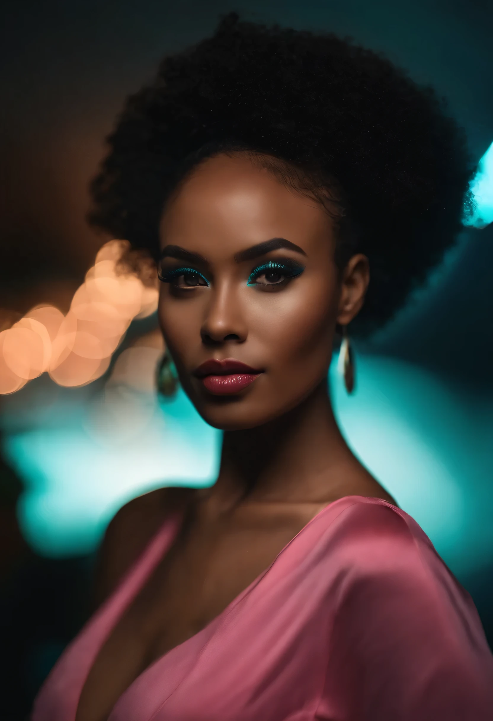 mulher afro (pele azul) Em um quarto escuro, Cyberpunk vibe, Estilo cyberpunk neon, tem estilo cyberpunk, BLACK NEON, estilo synthwave, cyberpunk lighting, no estilo cyberpunk, cyberpunk with neon lighting, Cyberpunk vibes, cor estilo cyberpunk, cyberpunk glasses, alta moda cyberpunk, estilo retroonda, retro rosa estilo synthwave girl from Jamaica, rosto oval, high, well-defined cheekbones, Bochechas coradas, Symmetrical face, nariz fino, nariz reto ligeiramente arrebitado, nariz delicado, Symmetrical voluminous and voluminous lips, boca suavemente fechada, olhos expressivos em formato oval, hazel eyes, Perfect round irises set, pegar luz, pupilas dilatadas, sobrancelhas perfeitas em formato de arco bem cuidadas, naturalmente loiro platinado cabelo grosso, cabelo ondulado, pele radiante perfeita, pele de textura macia, curvy hourglass figure, Cintura apertada, slim and physical fit, decote revelador, peitos perfeitos, encaixe perfeito bunda grande, abdome sensual, rosto eros puro, olhar frio, sombras sutis sob os olhos, sentado em uma cama, janela com vista com luzes da cidade, Canon 85mm f1.2, Bokeh, melhor qualidade, ultra high resolution, Fotorrealista, manchas sutis, (acne:1.1), sardas, casual sexy sedutora roupa sedutora, calcinhas, tiro de corpo inteiro, Maquiagem leve, noite, Bokeh, rosa, preto, carmesim, Laranja, Turquesa, amber