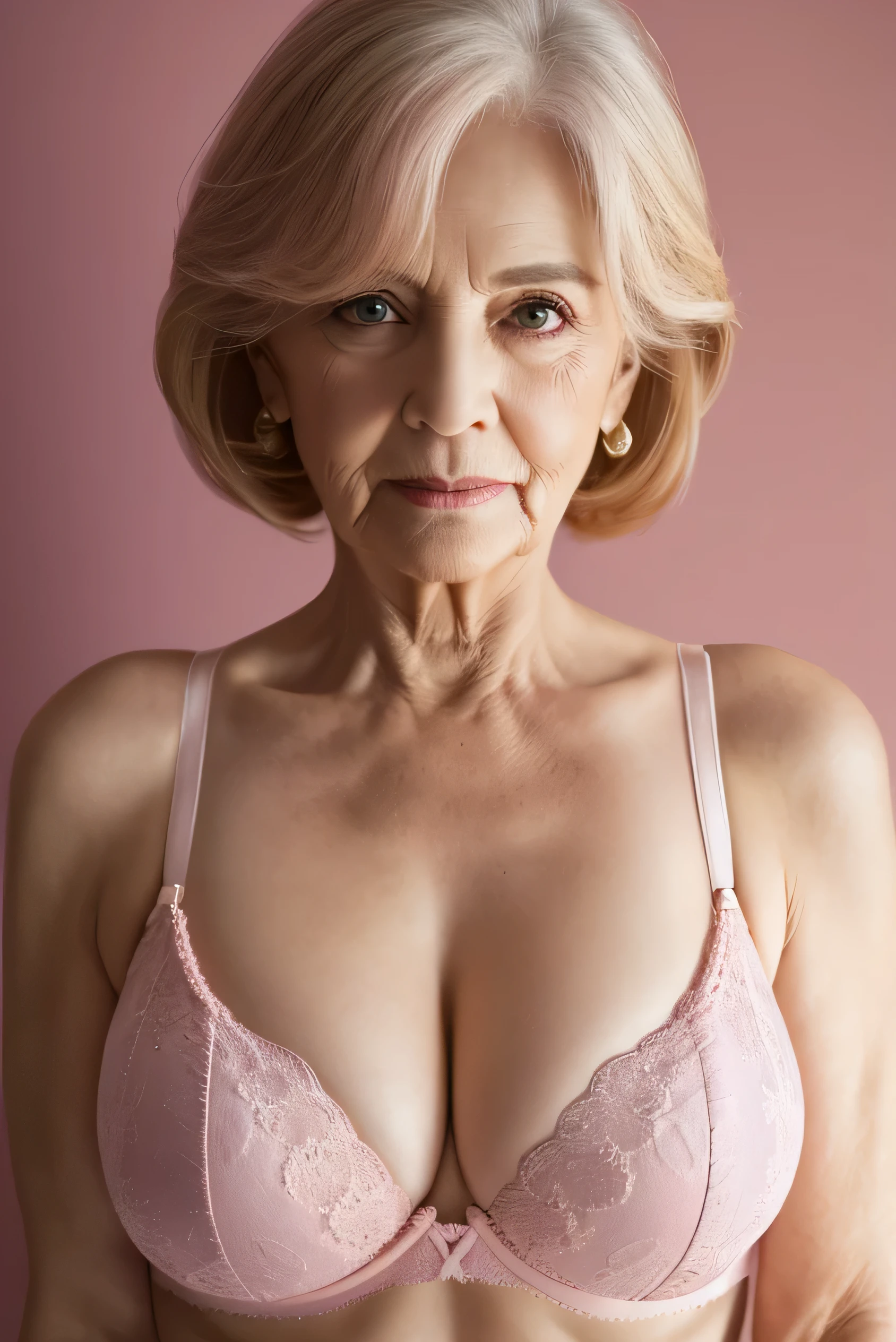 highest quality, masterpiece, High resolution, Realistic, RAW Photos, 8k wallpaper, perfection, Professional Lighting, Very detailed, ((One beautiful woman)), 80 years old, Sexy Woman, ((Pink underwear)), Cleavage, Upper Body, ((look into the viewer'eye)), Detailed face, Beautiful eye, ((I'looking forward to it)), In the stylish dining room, sunny, bangs, Shapely breasts, Short Bob Hair, Plump and glossy lips, Cowboy Shot, ((Place your arms between your legs))