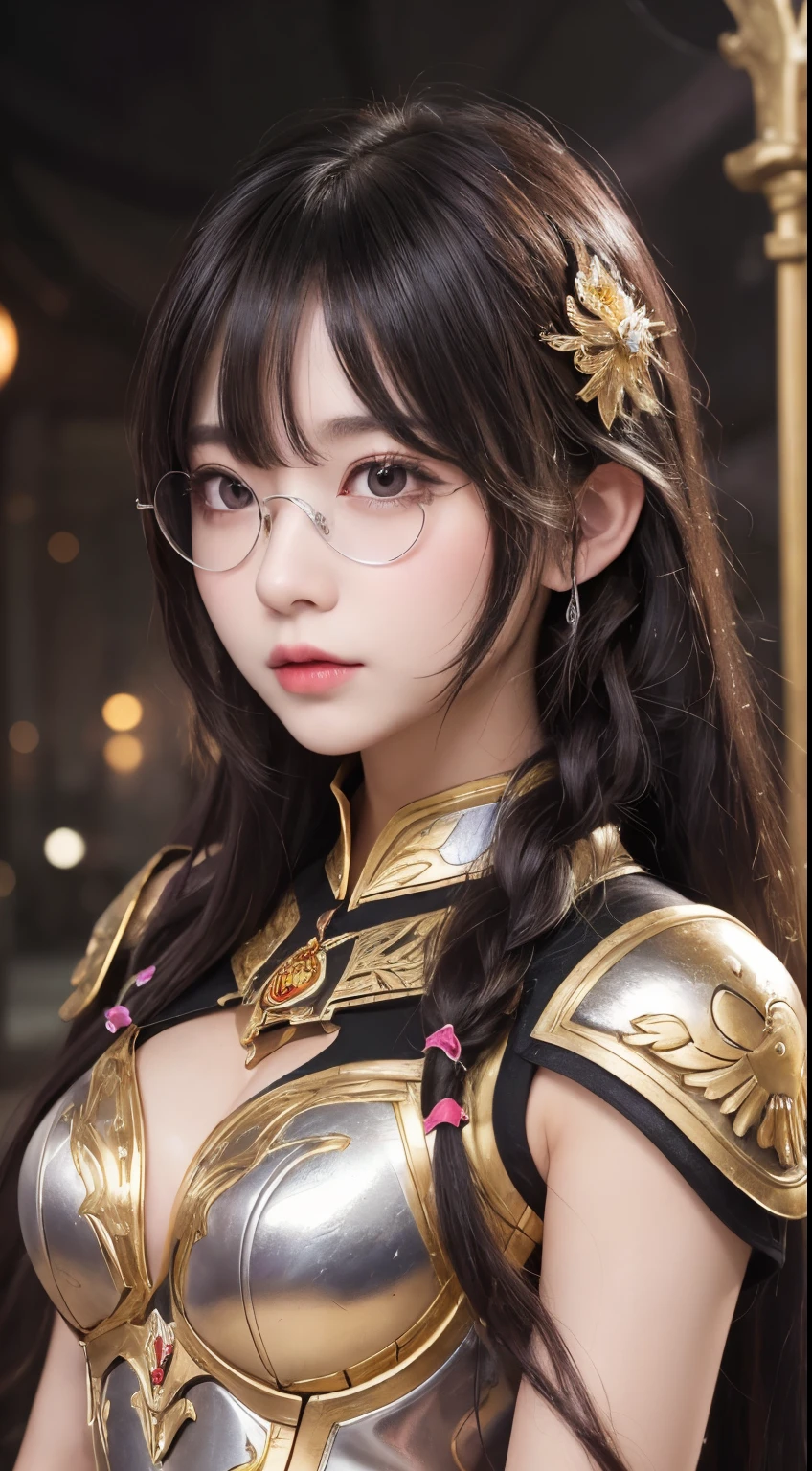 "(highest quality: 1.2), masterpiece, extremely detailed 8k uhd, ((Official Art)), CG, background(Black Night Sky,Big Moon),Close-up of a woman,Wearing a white shirt、Purple Hair,Very long hair,very thick braids,Purple eyes,big , realistic girl rendering, 8k artistic german bokeh, Enchanting girl, Real Girl, Gurwitz, Gurwitz-style artwork, Girl Roleplay, Realistic 3D style, cgstation Popular Topics,, 8K Portrait Rendering,(truth,truth:1.4),Wear pink pajamas,巨big ,Sparkling eyes,Purple eyes 、1 Ultra-Detailed Goddess of War, A temple in the ruins of a ruined empire々Standing Up Together, (Dynamic posture: 1.3), Dense armor reveals the heart of the conflict, (Finer details), shine, Places with strong light, (armor of historical importance:1.2), Shine Metal Armor, ((((Glasses))))、(Shine magic symbol on armor:1.3), (There was magic all around her.:1.3), Long black hair waving in the wind in every detail, Detailed Weapon Holding, (Sharp Sword, Shine:1.3), Shine eyes filled with determination and vision, ((Silver Armor)), Ultra-detailed shield with a symbol of steadfastness, (intense expression:1.1), (After her, A new empire is soaring into the sky: 1.4), (Light is、Emphasize her domination and rebirth behind the scenes:1.4), (Fiery red flags fluttered:1.1), (The wind carries whispers of a new beginning:1.1), (wisdom and rebirth:1.2), (Strong stance:1.2), (Overwhelming Mystical Power:1.2), alone, (Shine sweat:1.1), Gem Armor, (Silver and gold contrast:1.3), (The overall red color covers the scenery:1.4)"