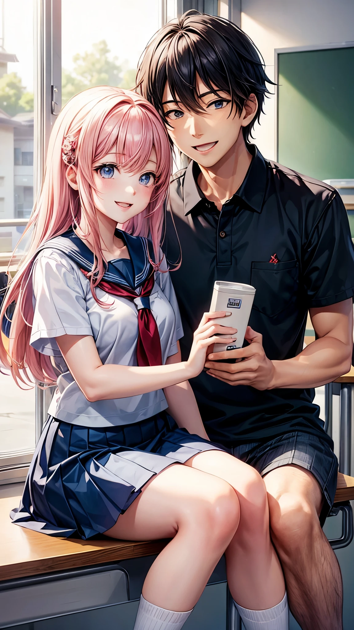 Male and female couple、high school student、smile、They are talking face to face、Anime scenery、classroom
