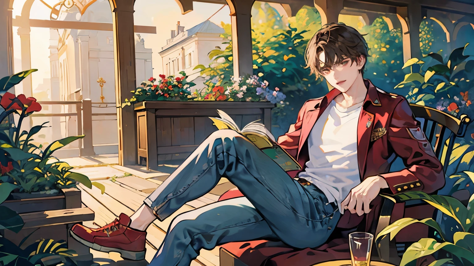 Young man, faint brown hair, hazel eyes, light white skin, cherry lips, slight smile, black shirt, red jacket, blue jeans, red sneakers, reading a book, slender physique, sitting in a garden, an expansive green space, tree shadows, a sea of red and purple flowers, a white table, a glass greenhouse, high quality stained glass. High accuracy