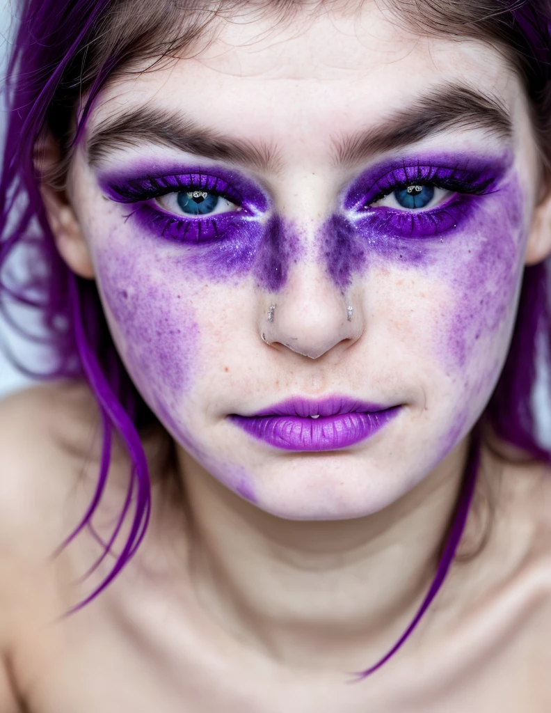 foto de una mujer, ((ojos color miel claro)), ((cabello rubio con morado)), pecas claras, primer plano de la cara, award-winning photography