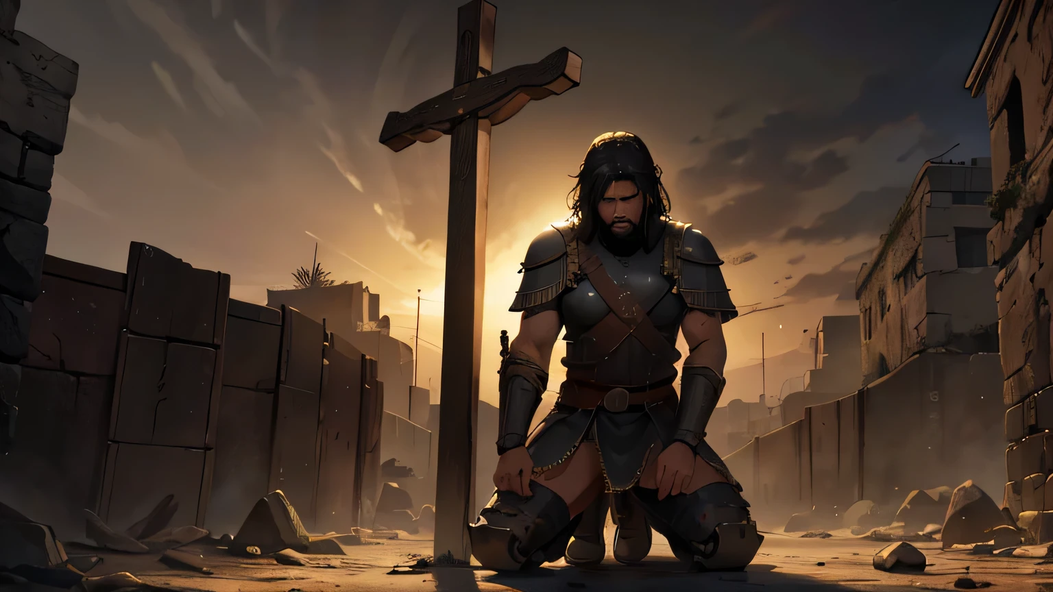 a kneeling roman legionary soldier, crying, seeing jesus on a cross, highly detailed, cinematic lighting, dramatic atmosphere, epic, dark moody colors, chiaroscuro, intricate details, masterpiece, award winning