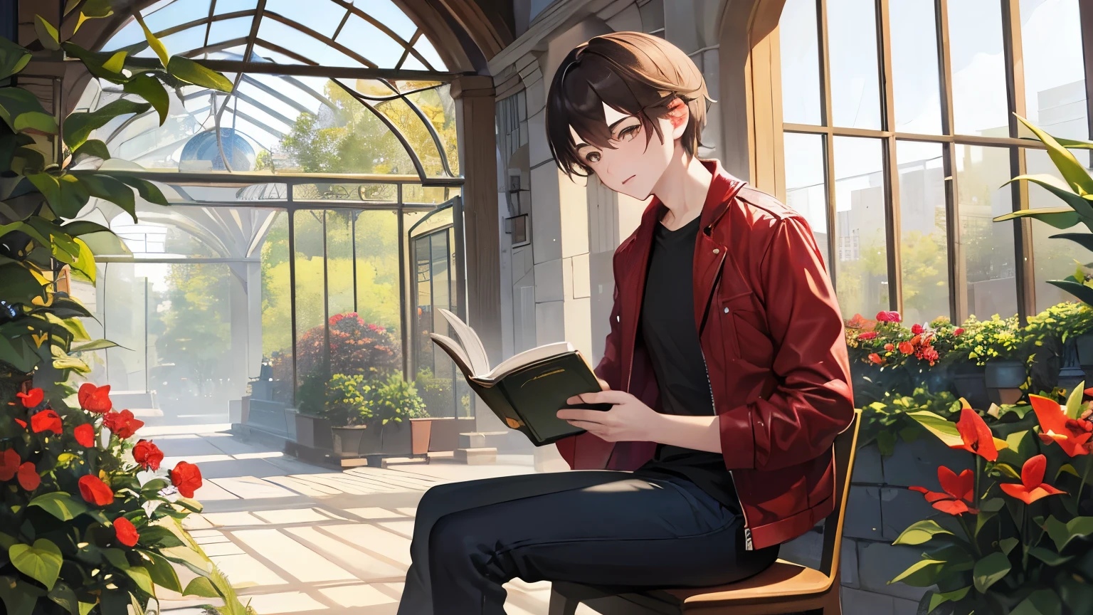 Young man, faint brown hair, hazel eyes, light white skin, cherry lips, slight smile, black shirt, red jacket, blue jeans, red sneakers, reading a book, slender physique, sitting in a garden, an expansive green space, tree shadows, a sea of red and purple flowers, a white table, a glass greenhouse, high quality stained glass. High accuracy