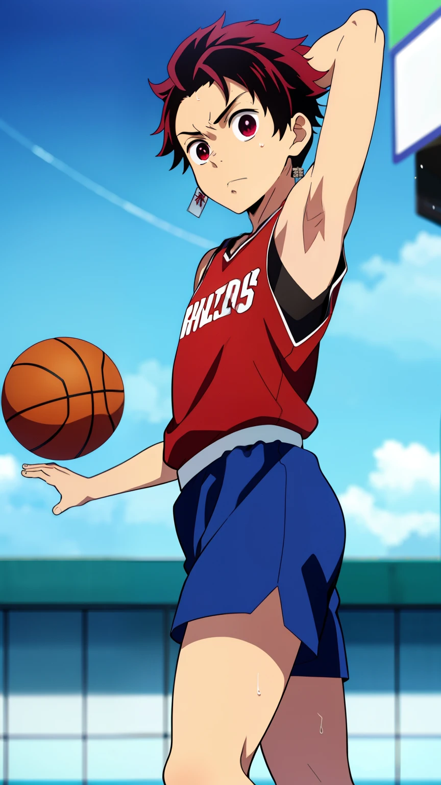 Highres, Masterpiece, Best quality at best,Best Quality,hight quality, hight detailed, Anime style, 1boy, Boy, Shota, Solo person, Tanjiro_kamado, Demon slayer, Earring, Tank top, Basketball athletes, Basketball uniforms, Summer day, Slim body, Sweat, (Showing armpit:1.3), Body, Blurry beckground, Seen from the front, (very young boy), (very small and short body)