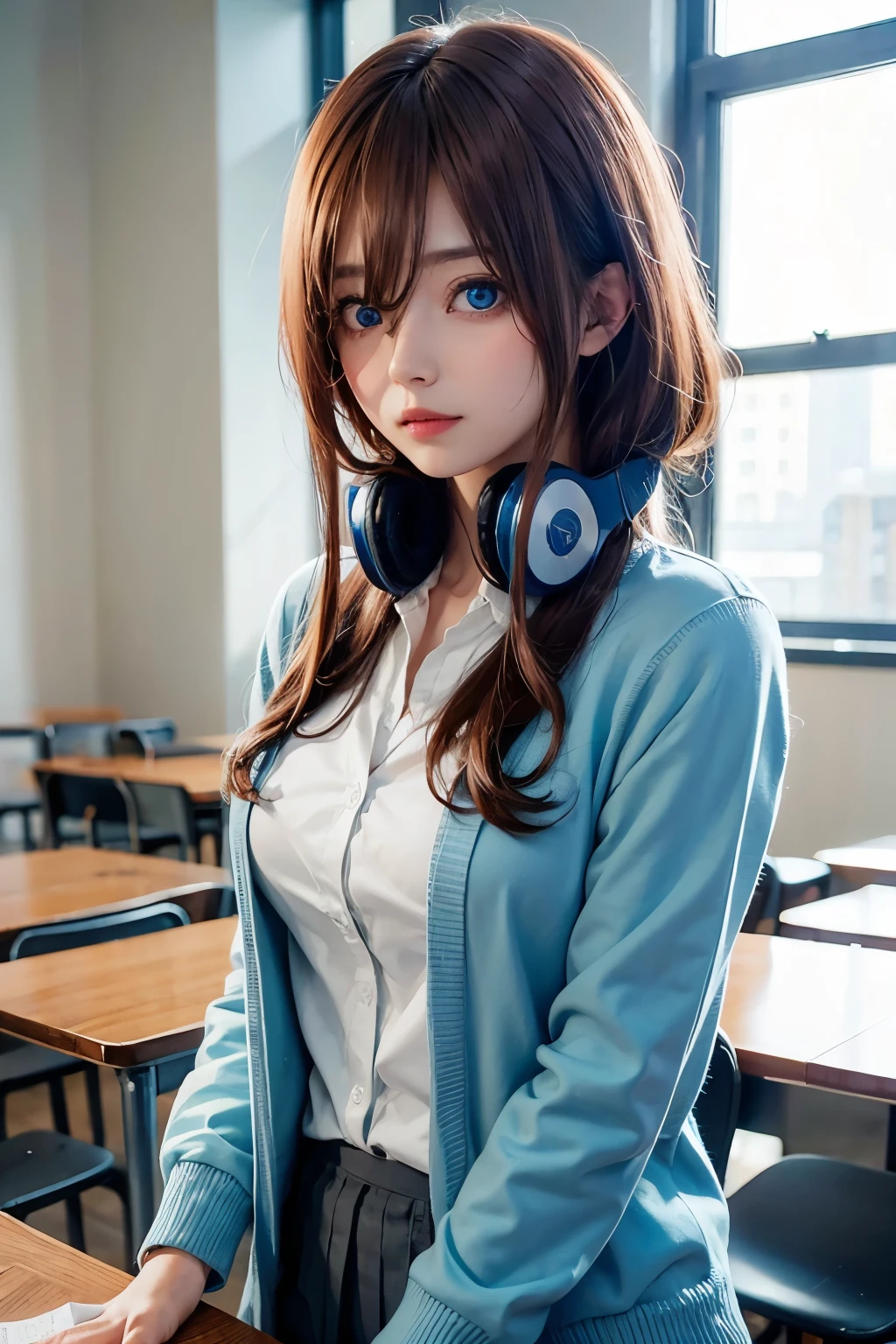 mikunakano, miku nakano, long hair, bangs, blue eyes, brown hair, shirt, hair between eyes, headphones, cardigan, headphones around neck,
BREAK skirt, shirt, long sleeves, white shirt, pantyhose, pleated skirt, black pantyhose, cardigan, green skirt, blue cardigan,
BREAK indoors, classroom,
BREAK looking at viewer, BREAK (masterpiece:1.2), best quality, high resolution, unity 8k wallpaper, (illustration:0.8), (beautiful detailed eyes:1.6), extremely detailed face, perfect lighting, extremely detailed CG, (perfect hands, perfect anatomy),