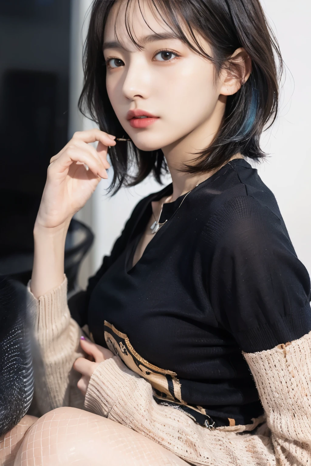 3D masterpiece, best quality, 3D Rendering Work, 3DMM style, close up, portrait, 3D,1 Girl, Solitary, Colorful hair, Blue Hair, Black Hair, necklace, freckle, Jewelry, Two-tone hair, looking off to the side, Practical, Upper Body, Simple background, Bangs, Look away, short hair, parted Lips, black eyes, Lips, Goethe, Necklace, cosmetic, mole, black shirt, shirt, Watermark