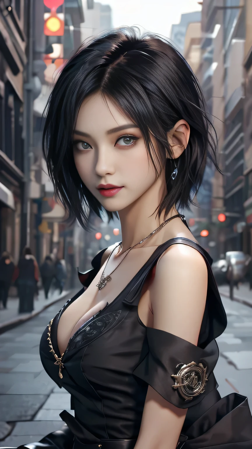 sfw, masterpiece, top-quality, ((1womanl)), different black color, finely eye and detailed face, intricate detailes, Casual black and white attire, window, A smile, Happiness, tenderness, high-level image quality、selfee, Beautuful Women、tall、a small face, D-cups, The upper part of the body、nightfall, nighttime scene、𝓡𝓸𝓶𝓪𝓷𝓽𝓲𝓬、Korea person, Idol Photos, Model photo, k pop, Professional Photos, Vampires, Korean fashion in black and black, Fedoman with necklace, inspired by Sim Sa-jeong, androgynous vampire, :9 detailed face: 8, extra detailed face, detailed punk hair, ((eyes are deialed)) baggy eyes, Seductive. Highly detailed, semi realistic anime, Vampires, hyperrealistic , Delicate androgynous princess, imvu, ((short hair woman)), black hair woman with wild look, ((Woman with short black hair)), ((1 persons)), sitting, wearing bra,((skinny waist)), young asian girl, ((big breasted)),