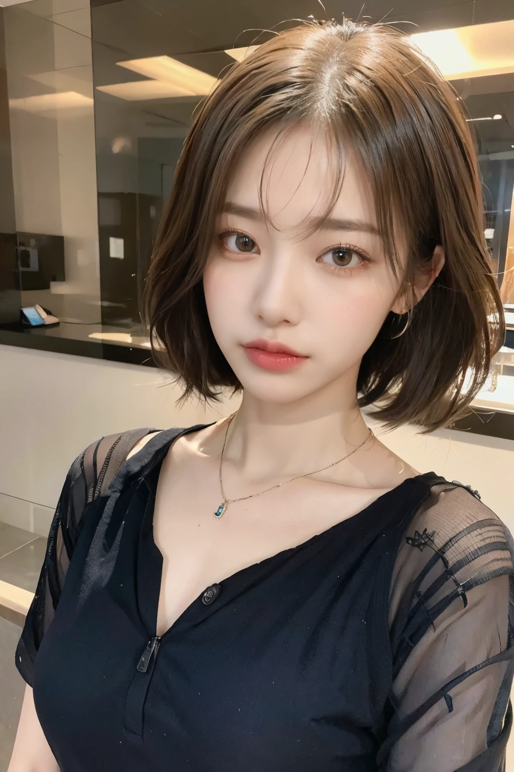 3D masterpiece, best quality, 3D Rendering Work, 3DMM style, close up, portrait, 3D,1 Girl, Solitary, Colorful hair, Blue Hair, Black Hair, necklace, freckle, Jewelry, Two-tone hair, looking off to the side, Practical, Upper Body, Simple background, Bangs, Look away, short hair, parted Lips, black eyes, Lips, Goethe, Necklace, cosmetic, mole, black shirt, shirt, Watermark