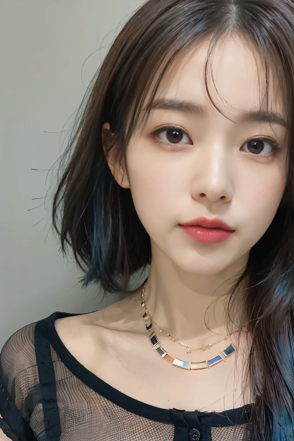 3D masterpiece, best quality, 3D Rendering Work, 3DMM style, close up, portrait, 3D,1 Girl, Solitary, Colorful hair, Blue Hair, Black Hair, necklace, freckle, Jewelry, Two-tone hair, looking off to the side, Practical, Upper Body, Simple background, Bangs, Look away, short hair, parted Lips, black eyes, Lips, Goethe, Necklace, cosmetic, mole, black shirt, shirt, Watermark