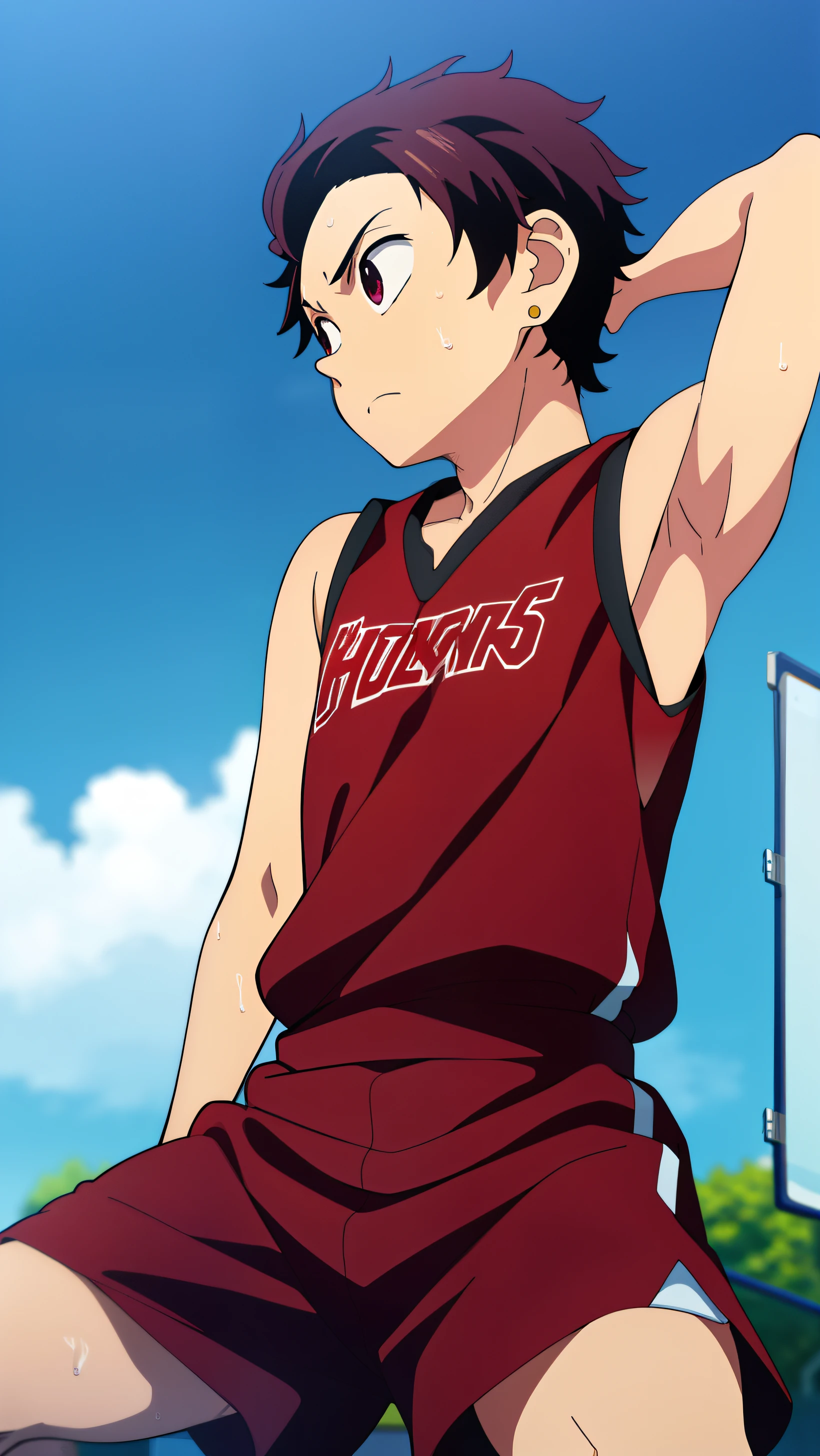 Highres, Masterpiece, Best quality at best,Best Quality,hight quality, hight detailed, Anime style, 1boy, Boy, Shota, Solo person, Tanjiro_kamado, Demon slayer, Earring, Tank top, Basketball athletes, Basketball uniforms, Summer day, Slim body, Sweat, (Showing armpit:1.3), Body, Blurry beckground, Seen from the front, (very young boy), (very small and short body)