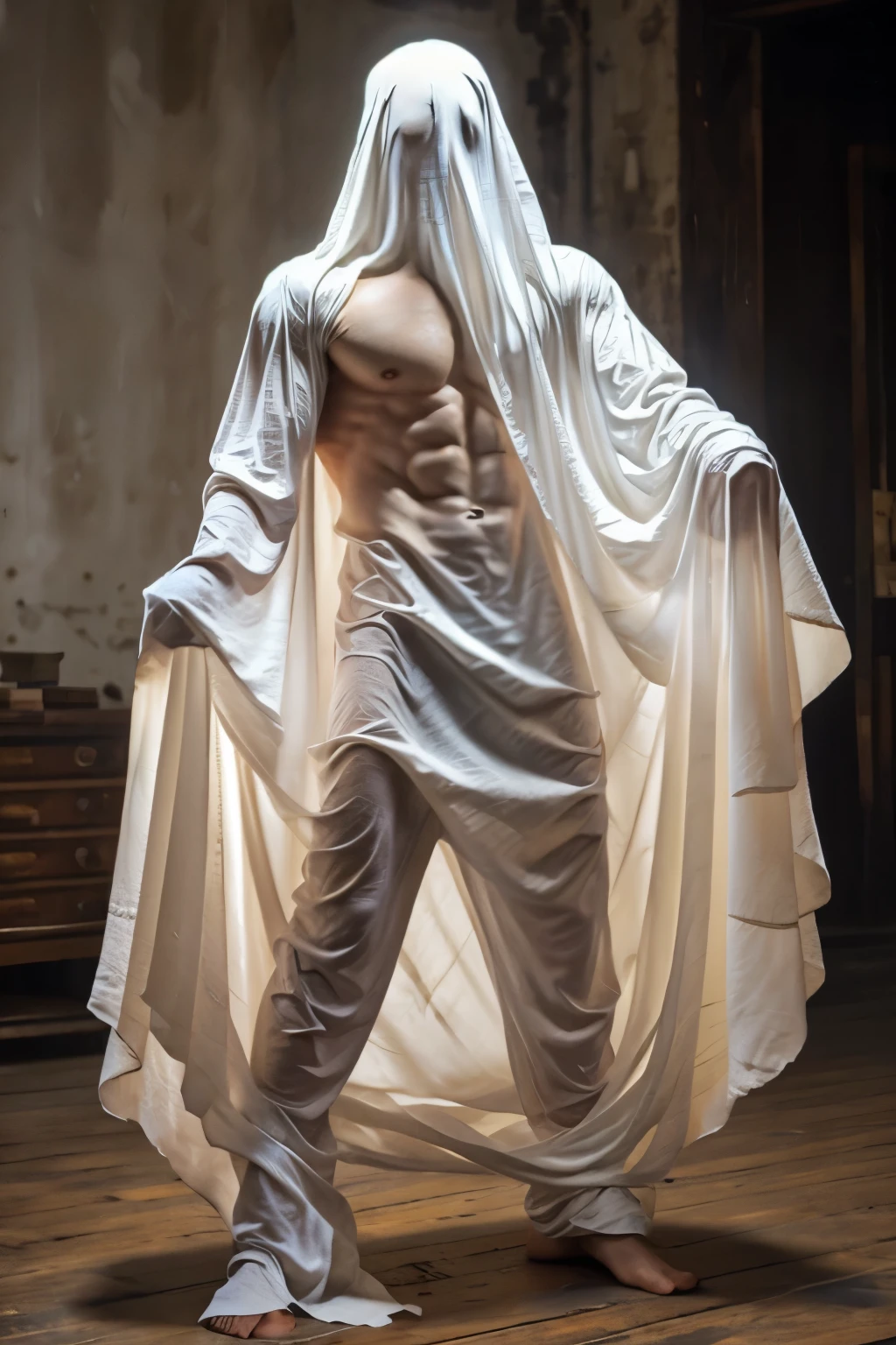 masterpiece, Best quality, realistic、a handsome guy in sheet ghost costume, Flawless anatomy、shirtless., ideal male body、male model