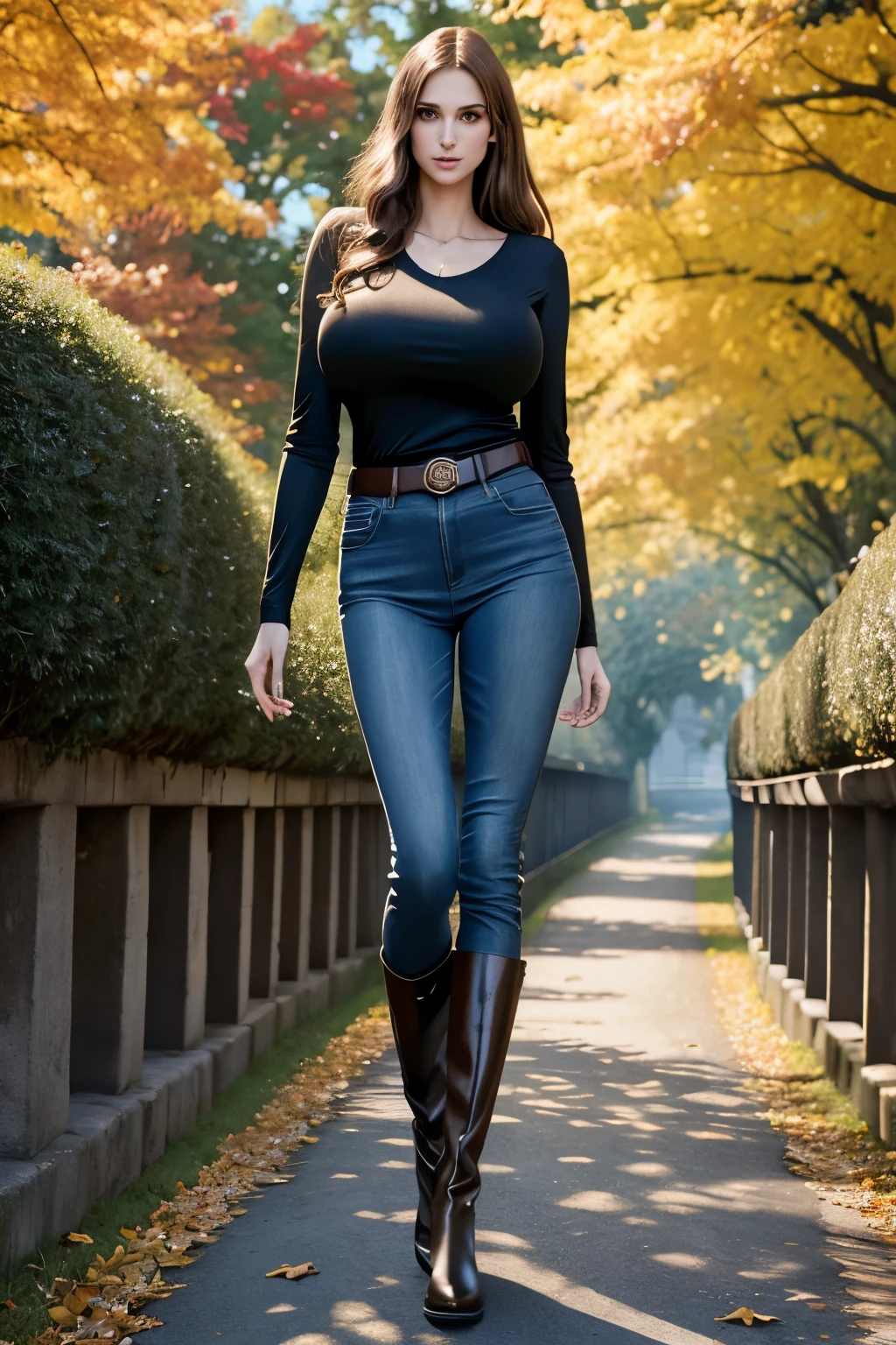 professional photograph, Natalie Portman, aged 18, young, inquisitive, cute, looking away, (giant tall skinny lanky woman:1.45), sfw, (slim slender arafed narrow woman:1.45), soft lighting, hidden symmetric breasts, jeans, long tucked-in long-sleeved t-shirt, belt, detailed beautiful bright symmetric eyes, old city park, trees, standing, (near a stone arch bridge over a stony creek:0.8), antique lamppost, sky, auburn hair, autumn leaves, (big huge enormous massive colossal gigantic breasts:1.25), hair tied back, (big messy curly big flowing extremely long hair), bangs, outside, weak, canon 5d, thigh-high leather boots