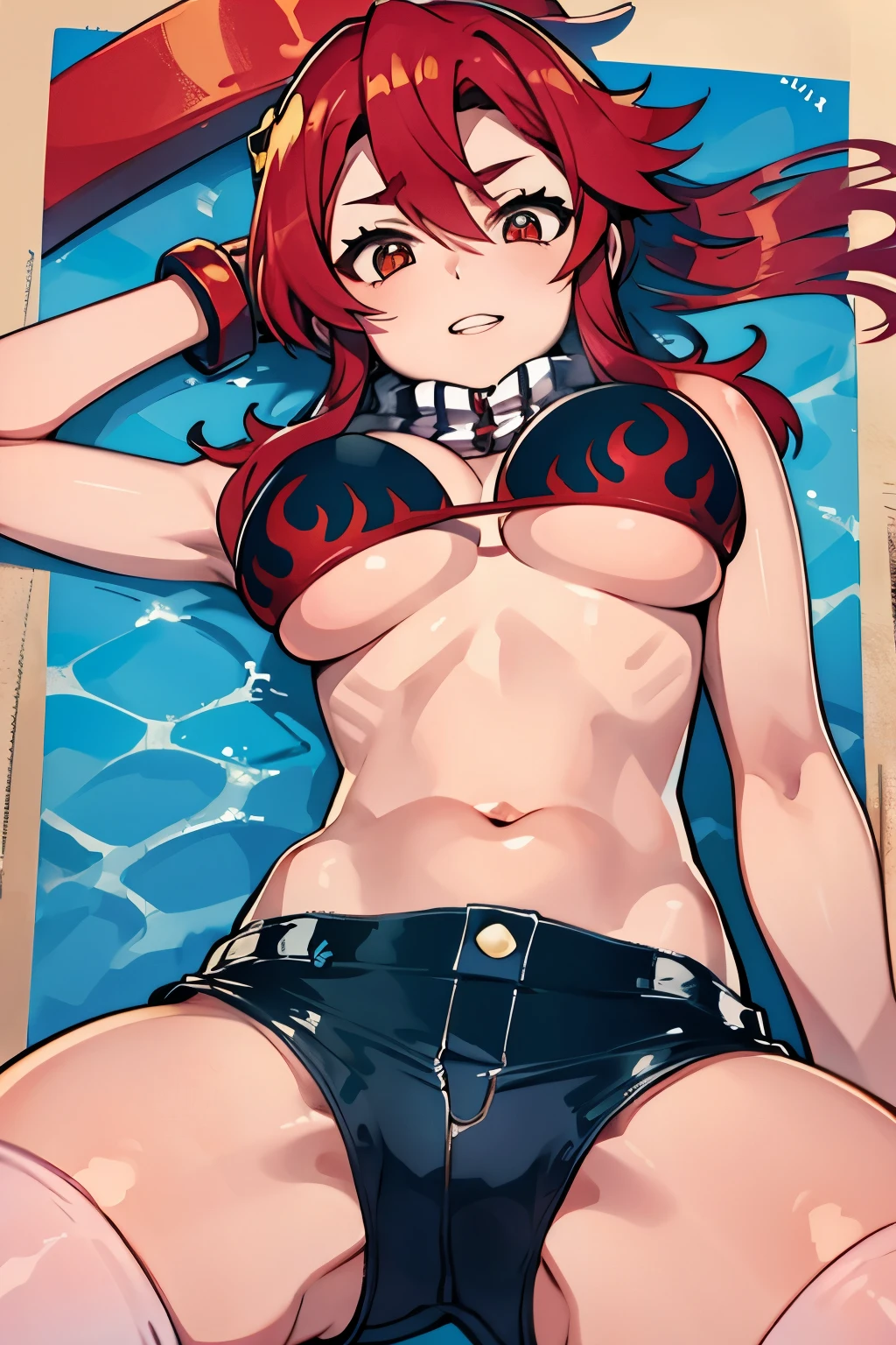 yokoli, bikini, short_shorts, red_hair, flame_print,