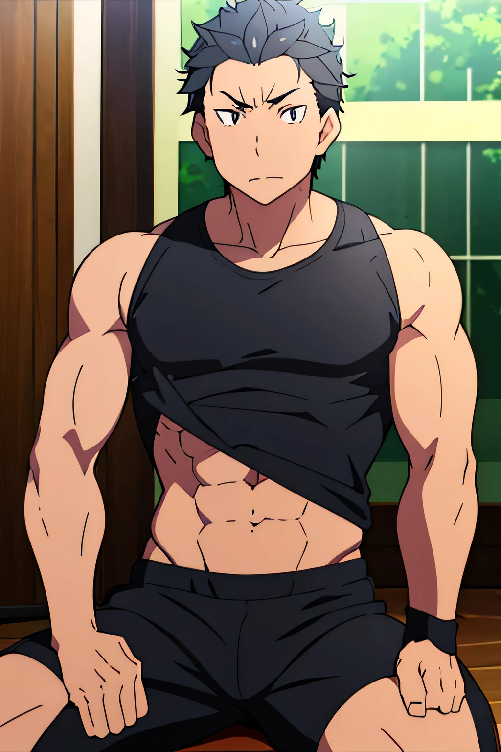 Subaru is sitting and flexing his biceps. He wears black shorts. You can see his thighs. He looks stoic and serious. He has bulging veins on his arms. He wears a black tshirt with short sleeves. His sleeve is completely rolled up so you can see his entire arm and shoulder. He is showing his abs too.