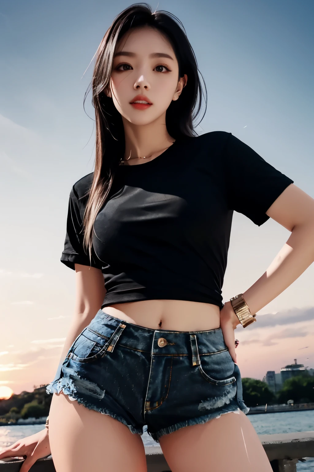 8K,RAW photos,best quality,masterpiece,realistic,
1 woman,alone,wide hips,small waist,sexy jeans,~am,~am foucs,black hair,very long hair,denim shorts,thighs,(black shirt:1.4),denim shorts,water,sunset,
