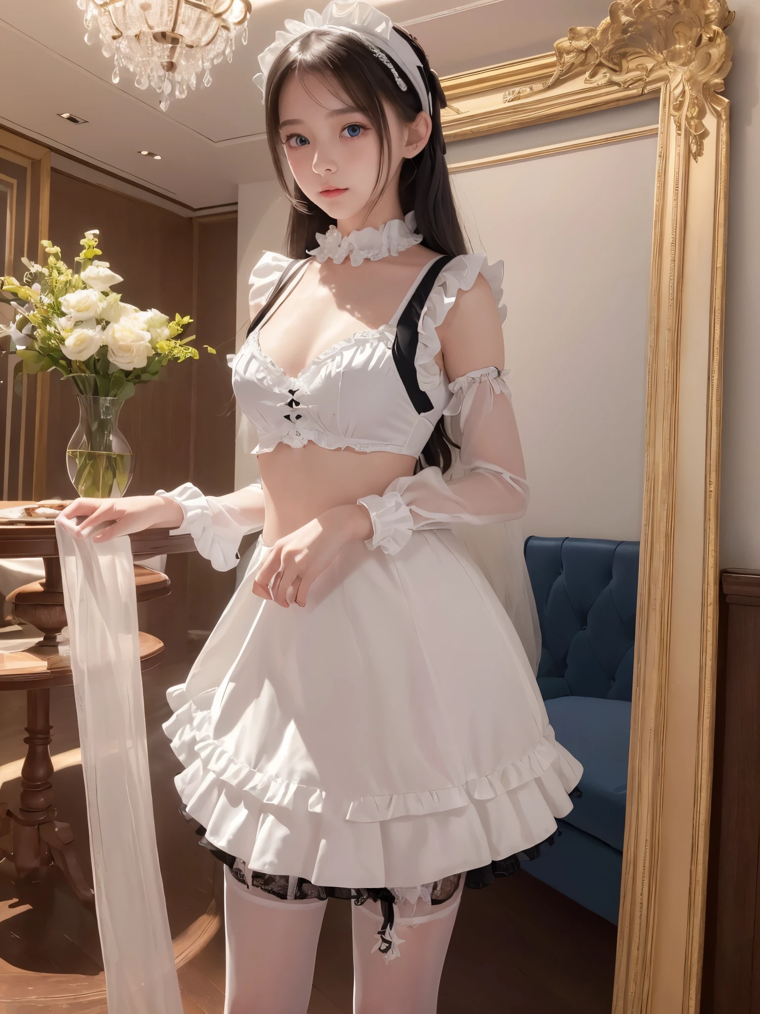 ((masterpiece)), ((highest quality、Ultra high definition)), (Very detailed),8K、(Photo quality)、(((Amazingly cute girl))), -yeld gi (Beautiful sapphire blue eyes), White skin、Glossy lips、In the spacious lobby of a huge, ultra-luxurious resort hotel, Beautifully arranged black hair in twin tails、Lace fabric ribbon、whole body、(Slim figure)、((Super high-end white see-through summer gothic lolita maid costume、A super mini skirt with lots of frills))、Professional Lighting、(White lace knee-highore detailed and beautiful)、(More details and cutenesore realistic)、(((Ultimate cuteness in every way)))、