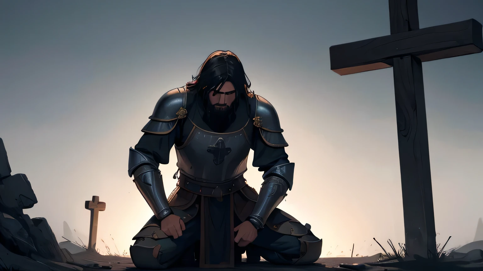 a kneeling roman legionary soldier, crying, seeing jesus on a cross, highly detailed, cinematic lighting, dramatic atmosphere, epic, dark moody colors, chiaroscuro, intricate details, masterpiece, award winning