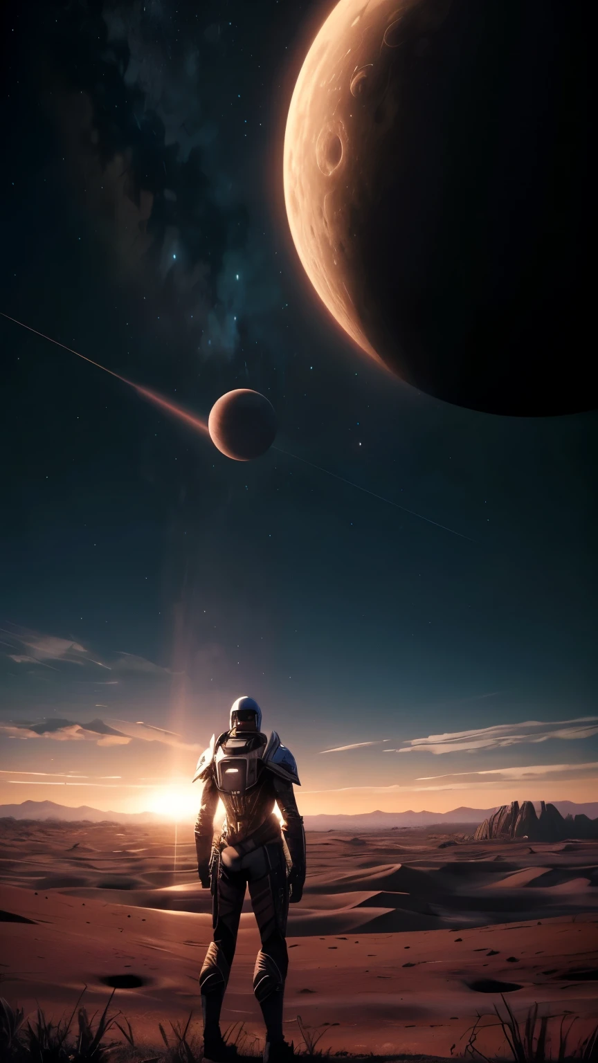 blurred view of a man standing in a field with a planet in the background, uma captura de tela inspirada em Epsylon Point, tumblr, fantastic realism, luas ao fundo, olhando para Saturno, cidade imperial ao longe, Invadindo Kashyyyk, space ship in the distance, com vista para um deserto desolado, captura de tela do jogo ultra amplo, solitude seen in the distance