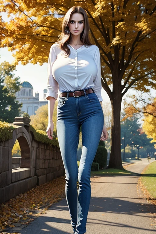 medium cowboy shot, professional photograph, Natalie Portman, aged 18, young, inquisitive, cute, looking away, (giant tall skinny lanky woman:1.45), sfw, (slim slender arafed narrow woman:1.45), soft lighting, hidden symmetric breasts, denim jeans, long pale tucked-in long-sleeved cotton t-shirt, belt, detailed beautiful bright symmetric eyes, old city park, trees, standing, (near a stone arch bridge over a stony creek:0.8), antique lamppost, sky, auburn hair, autumn leaves, (big huge enormous massive colossal gigantic breasts:1.35), (hair tied back), (big flowing extremely long hair), bangs, outside, weak, canon 5d