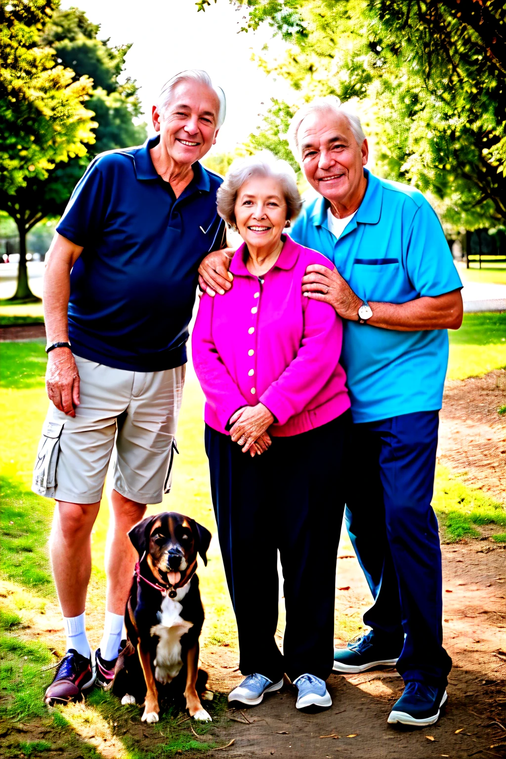 aged couple, 1 grandfather and 1 grandmother looking at the camera happy and smiling , with a dog , enjoying the moment in a park,, hyper realistic , realistic human, realistic animal, realistic details, hyperrealistic photo
