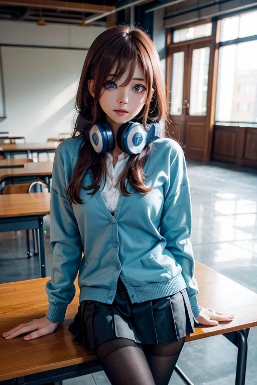 mikunakano, miku nakano, long hair, bangs, blue eyes, brown hair, shirt, hair between eyes, headphones, cardigan, headphones around neck,
BREAK skirt, shirt, long sleeves, white shirt, pantyhose, pleated skirt, black pantyhose, cardigan, green skirt, blue cardigan,
BREAK indoors, classroom,
BREAK looking at viewer, BREAK (masterpiece:1.2), best quality, high resolution, unity 8k wallpaper, (illustration:0.8), (beautiful detailed eyes:1.6), extremely detailed face, perfect lighting, extremely detailed CG, (perfect hands, perfect anatomy),