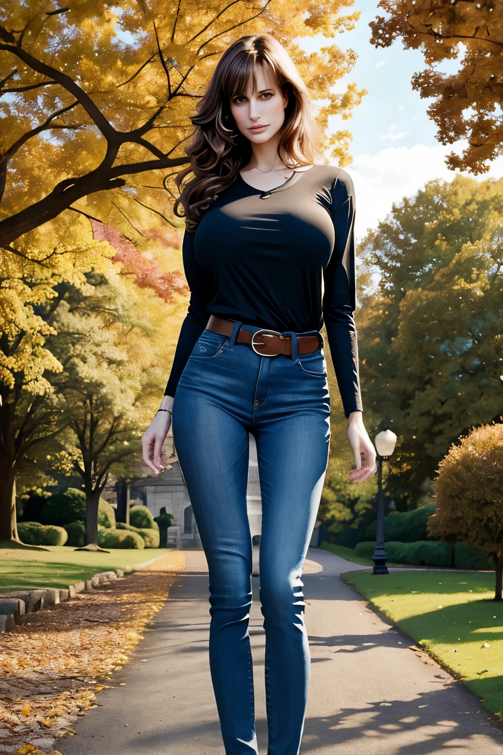 medium cowboy shot, professional photograph, Natalie Portman, aged 18, young, inquisitive, cute, looking away, (giant tall skinny lanky woman:1.45), sfw, (slim slender arafed narrow woman:1.45), soft lighting, hidden symmetric breasts, denim jeans, long pale tucked-in long-sleeved cotton t-shirt, belt, detailed beautiful bright symmetric eyes, old city park, trees, standing, (near a stone arch bridge over a stony creek:0.8), antique lamppost, sky, auburn hair, autumn leaves, (big huge enormous massive colossal gigantic breasts:1.35), (hair tied back), (big flowing extremely long hair), bangs, outside, weak, canon 5d