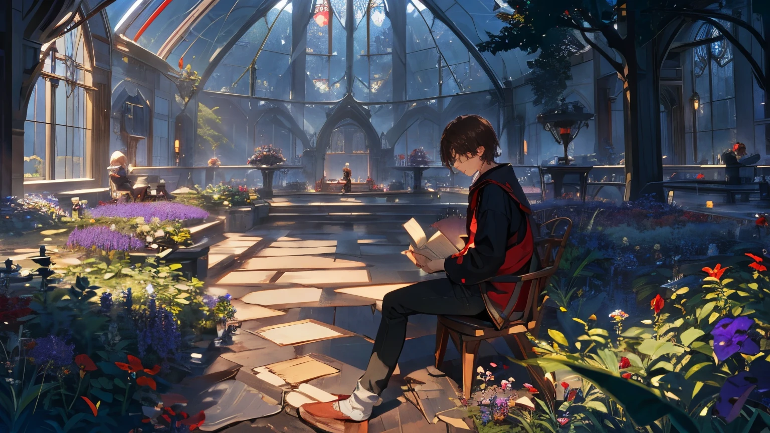 Young man, faint brown hair, hazel eyes, light white skin, cherry lips, slight smile, black shirt, red jacket, blue jeans, red sneakers, reading a book, slender physique, sitting in a garden, an expansive green space, tree shadows, a sea of ​​red and purple flowers, a white table, a glass greenhouse, high quality stained glass. High accuracy 4k