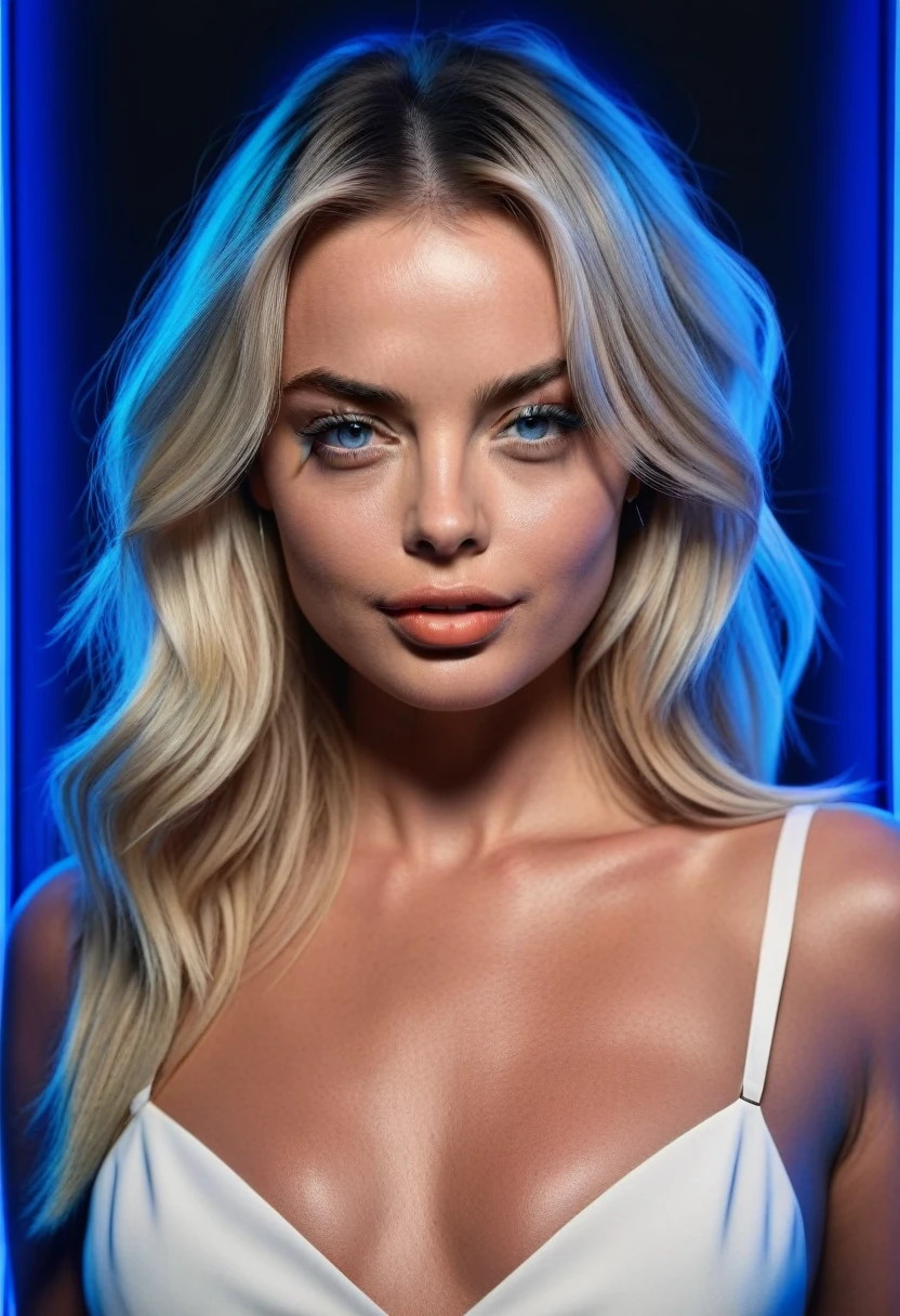1 girl, fit body, in new york, neon signs, high resolution, ultrasharp face and eyes, 8k, sensual look, hands not showing, upper body, Margot Robbie, long blonde hair, smooth, symetric eyes, detailed face, black and white but blue eyes