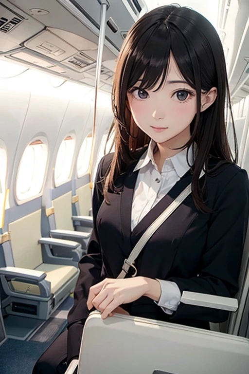 (8K), (Best Quality), (Mastepiece: 1.2)、Inside the aircraft　Two passengers talking