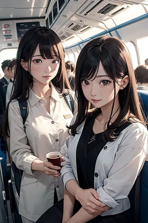 (8K), (Best Quality), (Mastepiece: 1.2)、Inside the aircraft Two passengers talking