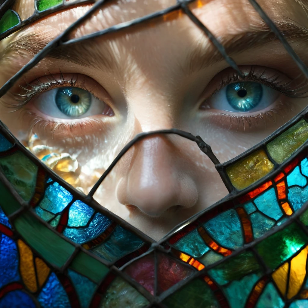 RAW photo, beautiful eyes, (bright aquamarine blue eyes), macro shot, masterpiece, peeking from behind stained glass, colorful details, award winning, high detailed, 8k, natural lighting, analog film, detailed skin, amazing composition, intricate details, subsurface scattering, velus hairs, amazing textures, filmic, chiaroscuro, soft light