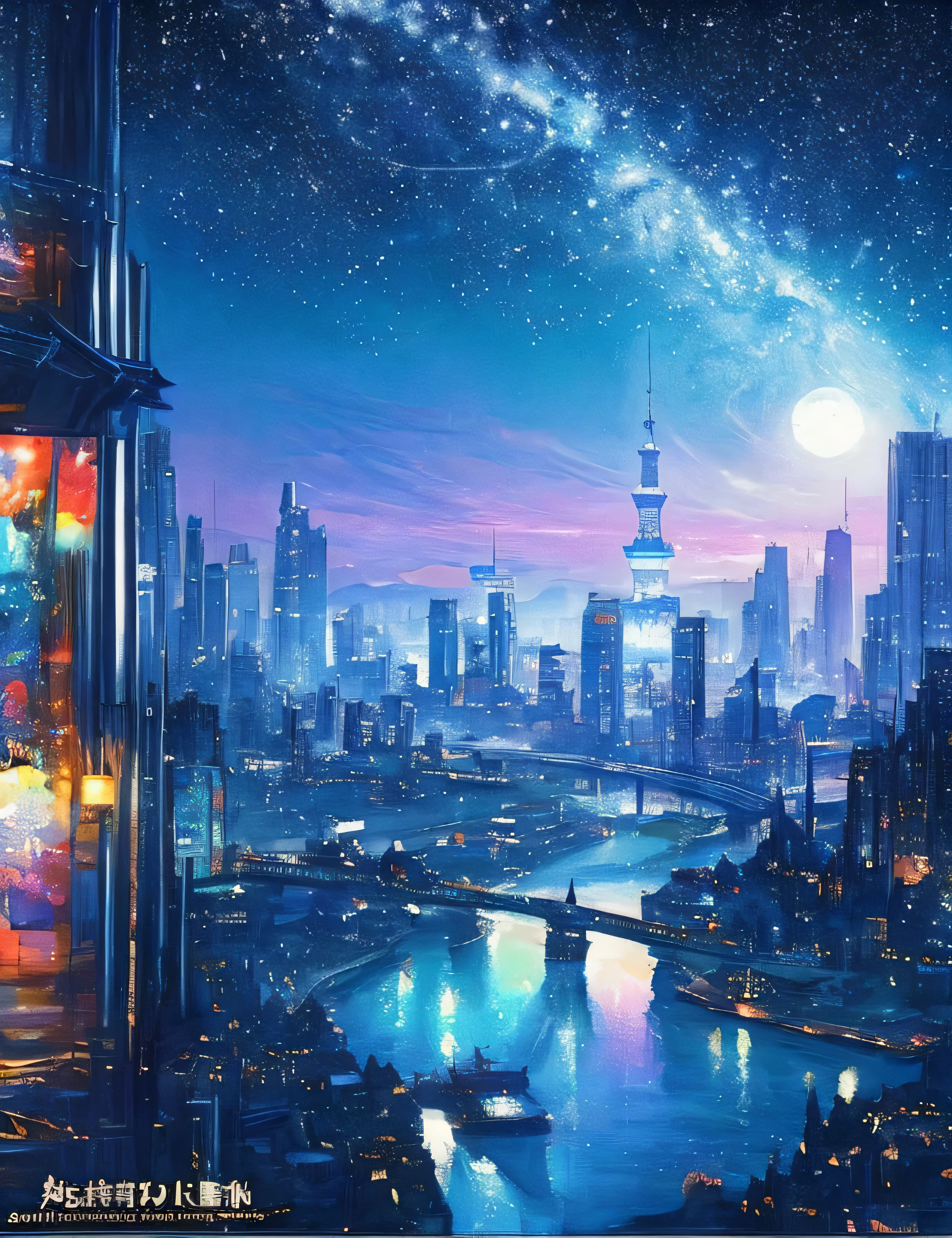 Met、Painting of a river with stars and moon in the sky、Met、Shining skyscraper、Shine overall、skyscraper、Concept art inspired by Tosa Mitsuoki、pixiv contest winners、highest quality、Fantasy art、Beautiful anime scene、Bright Moon、Moonlight Star Environment、Dream painting、Anime Background Art、Cyberpunk art、Cyber Knight、Anime Background、Background artwork、Amazing art、Atmospheric anime、Starry Sky、details enhanced。