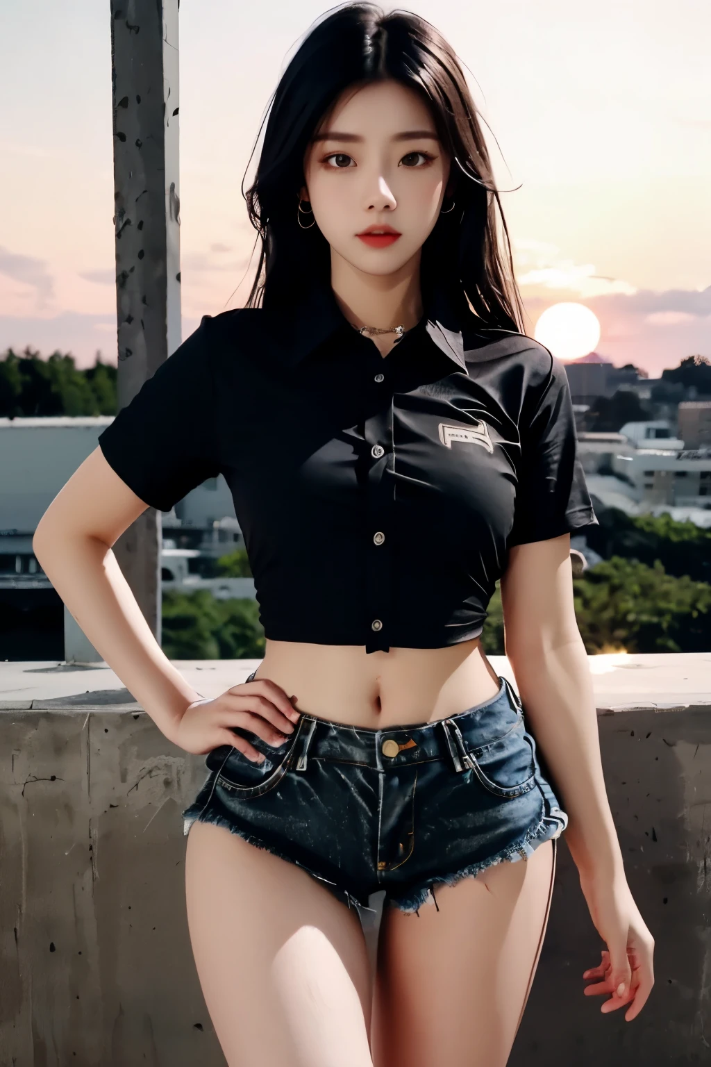 8K,RAW photos,best quality,masterpiece,realistic,
1 woman,alone,wide hips,small waist,sexy jeans,~am,~am foucs,black hair,very long hair,denim shorts,thighs,(black shirt:1.4),denim shorts,water,sunset,
