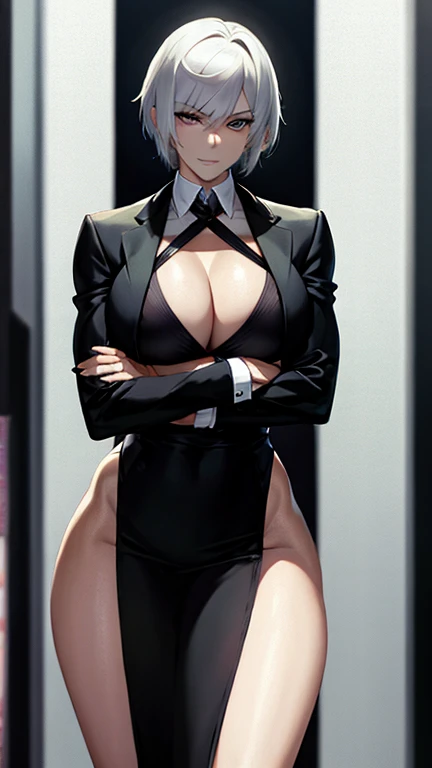 ((full body shot)), Perfect skin, perfect legs, short white hair, choppy bangs, sharp and determined eyes, dominant woman, fit woman, vascular, visible vains, smirking, She wears a black business suit, She wears a long pencil skirt, cleavage, office background, toned legs,