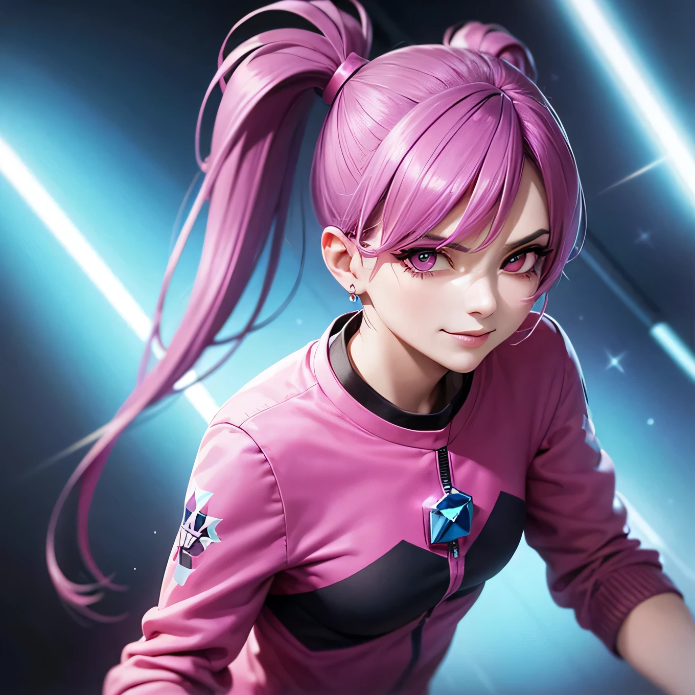 A woman, blue and dark pink hair, ponytails, wearing Flashy clothes, background outside sparkling, crystal pink eyes, doing a poss, smirking HD