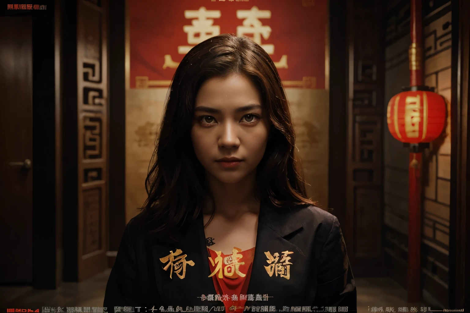 (best quality, movie poster style), a beautiful woman with (one red eye:1.2),(meaningful chinese script writing:1.1), combining the elements perfectly together.