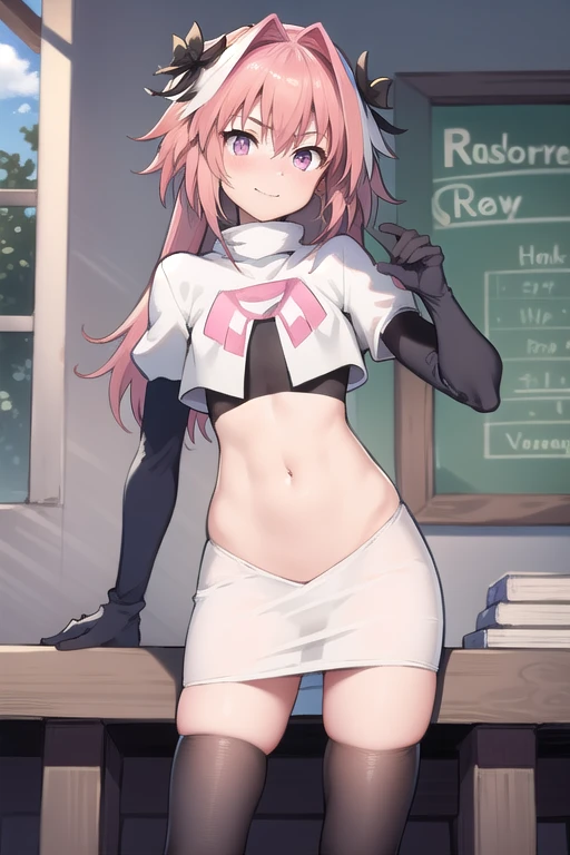absurdres, masterpiece, best quality, (astolfo fate:1.2155), 1boy, male focus, trap, pink multicolored hair, pink hair, white hair, hair intakes, long hair, pink detailed eyes, crossdressing,1boy, team rocket,team rocket uniform,white skirt,red letter R,crop top,black thigh-highs,black elbow gloves
