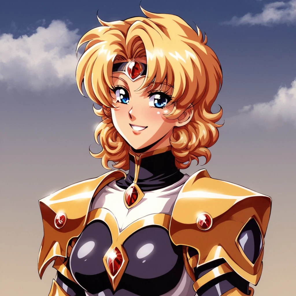 (Yag:1.1), score_9, score_8_superior, score_8, sauce_anime, 80s anime style, One girl, Exquisitely detailed body, Sky Hair, amount, I slicked my hair back., Wavy Hair, blue eyes, Pretty lips, thin, milk, Neckwear, valkyrie armor knight, accessories, smile, Sexy Face, Sexy pose,丘のsuperior