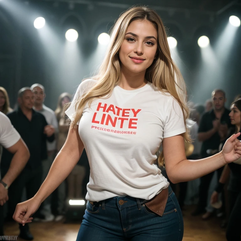 mid range,big breasts,Arabian appearance,blonde hair,medium mouth,plump lips,Nose straight,Darling,snub nose ,deep eyes,light hair color. кожа ultra-натуральная. dancing in a club on the dance floor in a dark room, to light music among people, dressed in jeans and a languid T-shirt,happy face, a high resolution, masterpiece, Best quality, complex parts, Very detailed, sharp focus, detailed skin, realistice Hauttextur, texture, Detailed eyes, professional, 4K, charming smile, shot on Canon, 85 mm, light depth of field, Цвет Kodak Vision, perfectly fitting body, extremely detailed, photo_\(ultra\), fotorealistic, realistic, Post-processing, maximum detail, roughness, real life, ultrarealistic, photorealismus, photografie, 8k is similar to Aira