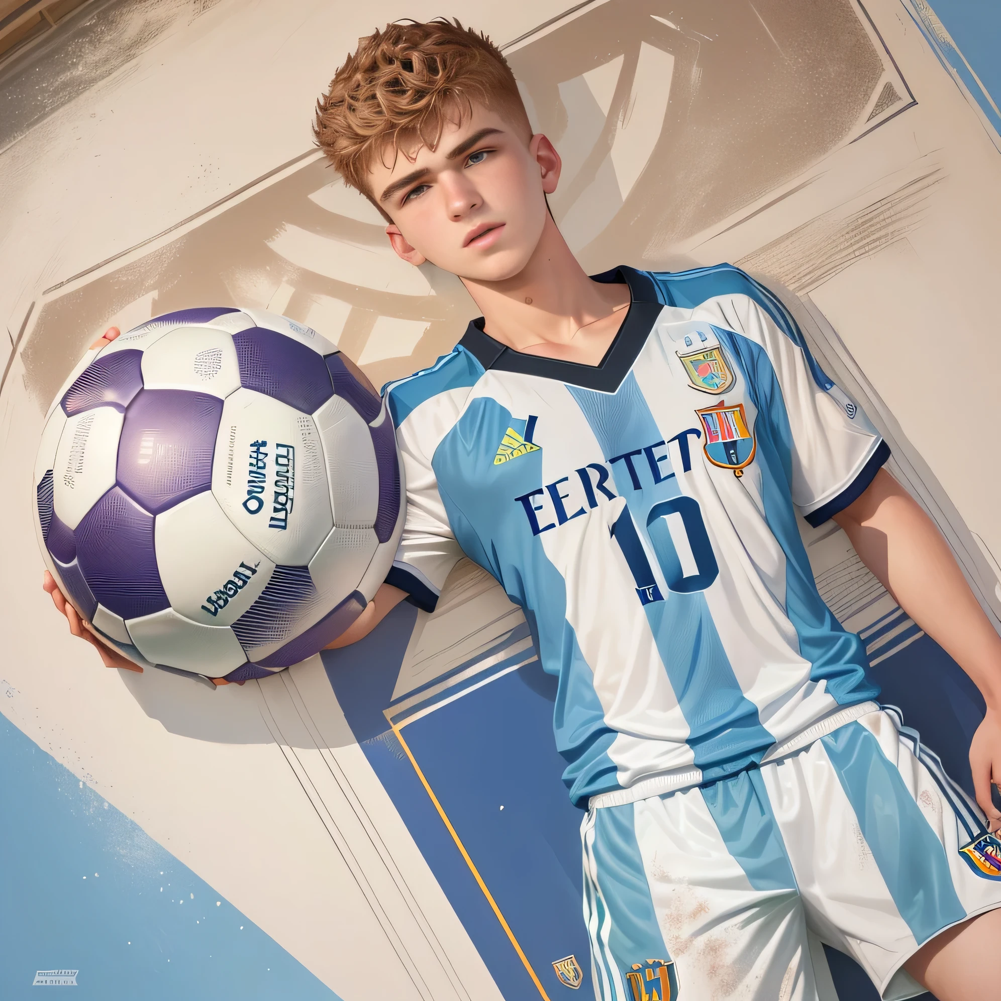 Arafed boy in football uniform holding a soccer ball, soccer player Timo Werner, inspired by Alexander Litovchenko, Port of Miwsek, Valery is back, football players Timo Werner, Diego 5, Leonid, Darius Zavadski, 13 years, Messi, inspired by Mihai Zichy, portrait in the middle of the shot