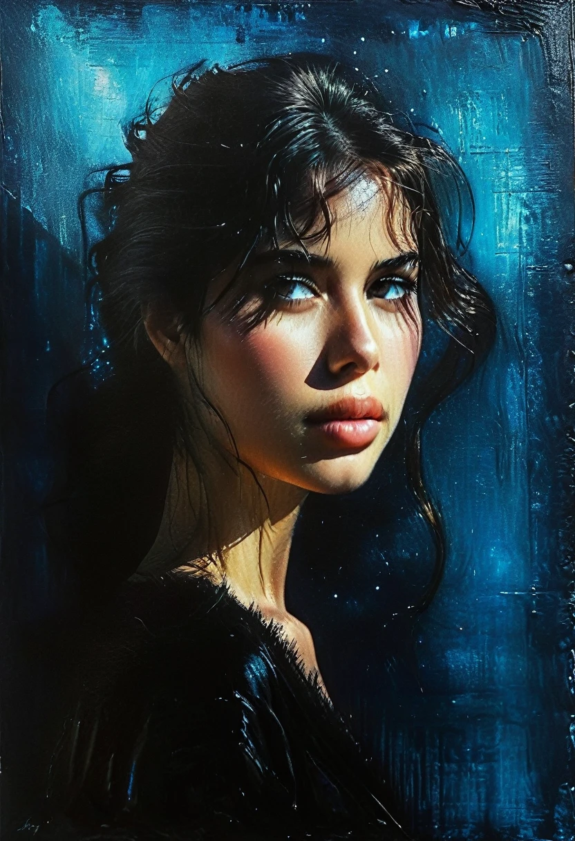 pastel fur, girl sideways glance, dark blue background, dominates lithographic cinematic painting, mixed media print showcasing advanced organic technology, crisp etched outlines against subtle bokeh background, warm morning rays with subtle shadows, subtle textured background, reminiscent of the style of Jeremy Mann or Raphael Sanzio, 3D stone finishes, refined long brushstrokes, encapsulating, dimensional, dramatic lighting, weave with sandstone texture, print transfer techniques, resin sheen texture, oil, tar, grainy textures enhancing tactile aesthetics, aerial perspective breaks through the obscurity, mystical elements with spotlights on rusty textures highlighting the detail, bright colors enhance the mood of the artwork.

