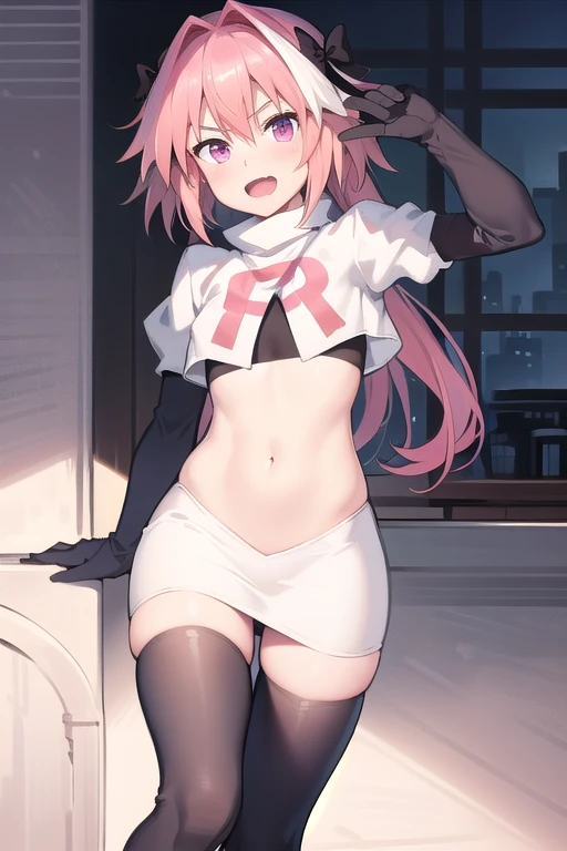 absurdres, masterpiece, best quality, astolfo fate,1boy, male focus, trap, pink multicolored hair, pink hair, white hair, hair intakes, long hair, pink detailed eyes, crossdressing,1boy, team rocket,team rocket uniform,white skirt,red letter R,crop top,black thigh-highs,black elbow gloves