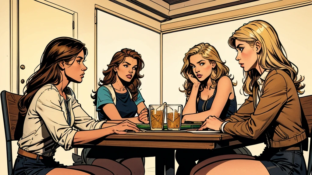 typical poor college campus hall:1.2,metal square tray:1.2, bad reputation girls, girls gang, chatting, gossip, teenager outfit:1.2, blond, brunette, red-haired, simple table, empty bright background