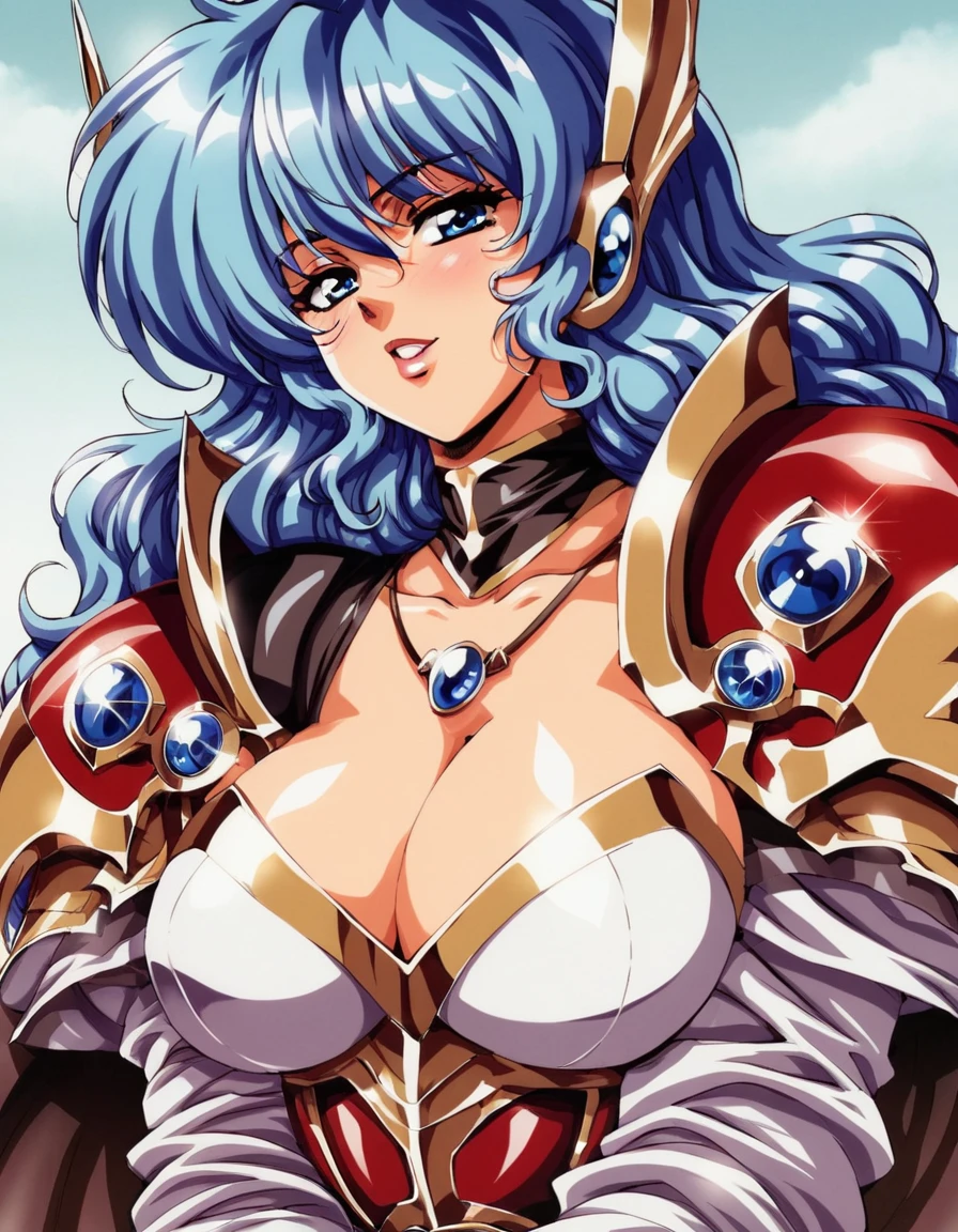 (Yag:1.1), score_9, score_8_superior, score_8, sauce_anime, 80s anime style, One girl, Exquisitely detailed body, Blue Hair, amount, Her hair fluttered, Wavy Hair, blue eyes, Pretty lips, thin, Big Breasts, Neckwear, valkyrie armor knight, accessories, Malaise, Sexy Face, Sexy pose,丘のsuperior