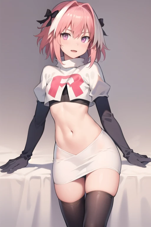 absurdres, masterpiece, best quality, astolfo fate,1boy, male focus, trap, pink multicolored hair, pink hair, white hair, hair intakes, long hair, pink detailed eyes, crossdressing,1boy, team rocket,team rocket uniform,white skirt,red letter R,crop top,black thigh-highs,black elbow gloves, cowboy shot