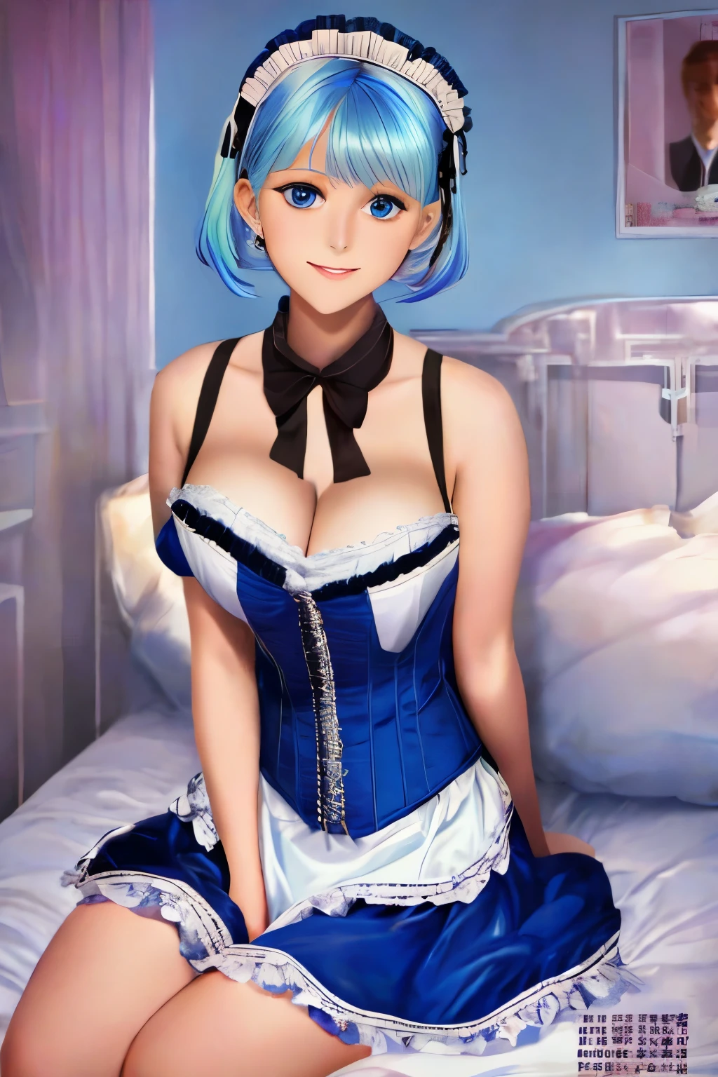 Poster, text, cover, ((poster cover)), ((magazine cover)), masterpiece, superlative, spring dress, colored hair, magazine cover, upper body, 1 girl, maid outfit, light blue short hair, black outfit, maid outfit, bed, exposed shoulders, blue eyes, hairpins, full body, sitting on bed, ((bangs comb on the right))), window, sunlight, (symmetrical eyes) magazine cover, upper body