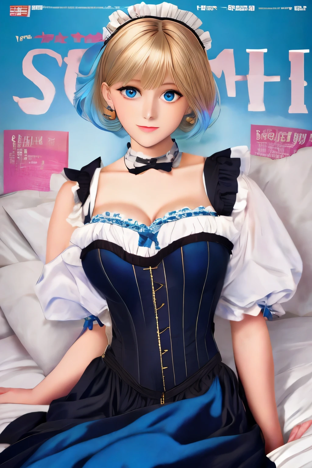 Poster, text, cover, ((poster cover)), ((magazine cover)), masterpiece, superlative, spring dress, colored hair, magazine cover, upper body, 1 girl, maid outfit, light blue short hair, black outfit, maid outfit, bed, exposed shoulders, blue eyes, hairpins, full body, sitting on bed, ((bangs comb on the right))), window, sunlight, (symmetrical eyes) magazine cover, upper body