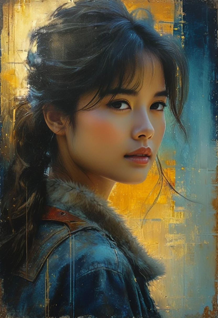 pastel fur, girl sideways glance, dark blue background, dominates lithographic cinematic painting, mixed media print showcasing advanced organic technology, crisp etched outlines against subtle bokeh background, warm morning rays with subtle shadows, subtle textured background, reminiscent of the style of Jeremy Mann or Raphael Sanzio, 3D stone finishes, refined long brushstrokes, encapsulating, dimensional, dramatic lighting, weave with sandstone texture, print transfer techniques, resin sheen texture, oil, tar, grainy textures enhancing tactile aesthetics, aerial perspective breaks through the obscurity, mystical elements with spotlights on rusty textures highlighting the detail, bright colors enhance the mood of the artwork.

